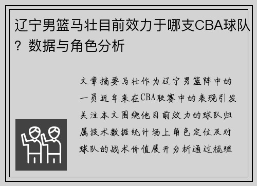 辽宁男篮马壮目前效力于哪支CBA球队？数据与角色分析